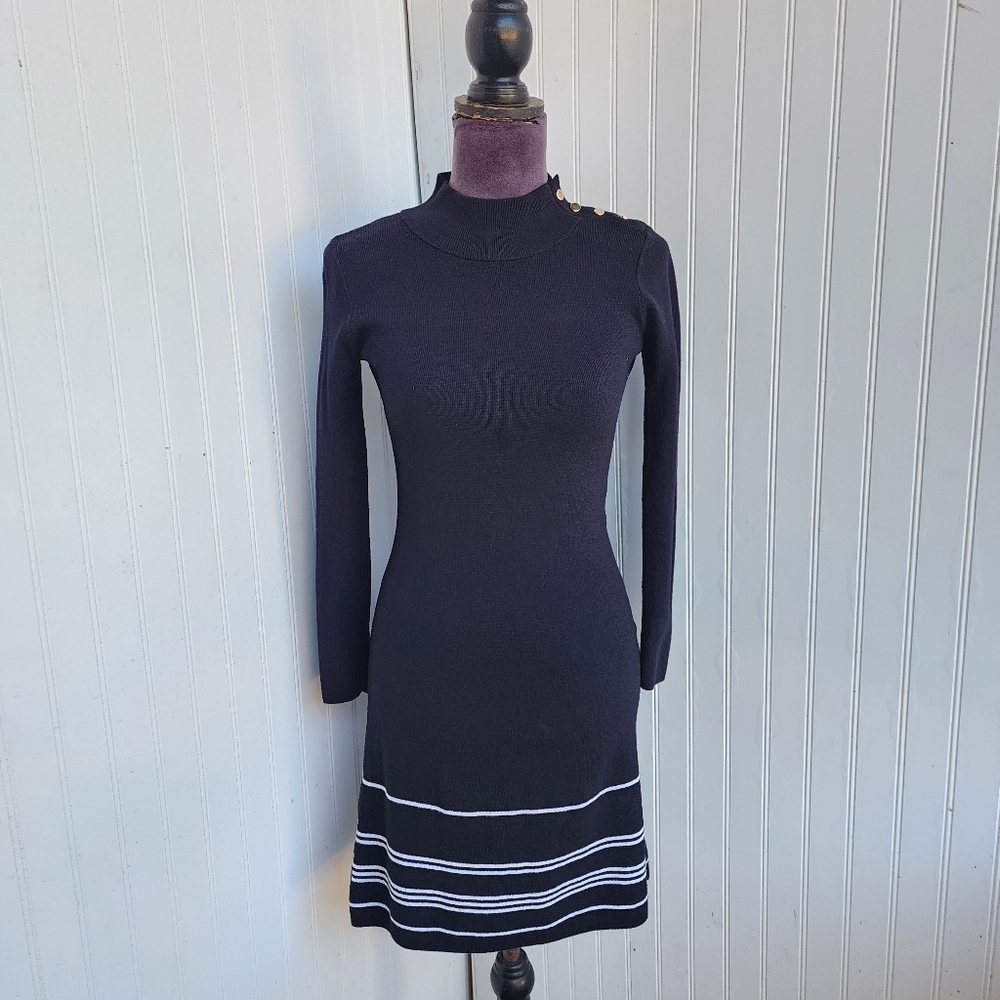ann taylor black white Stripe mock turtle neck dress Knit Sweater Petite XXSP